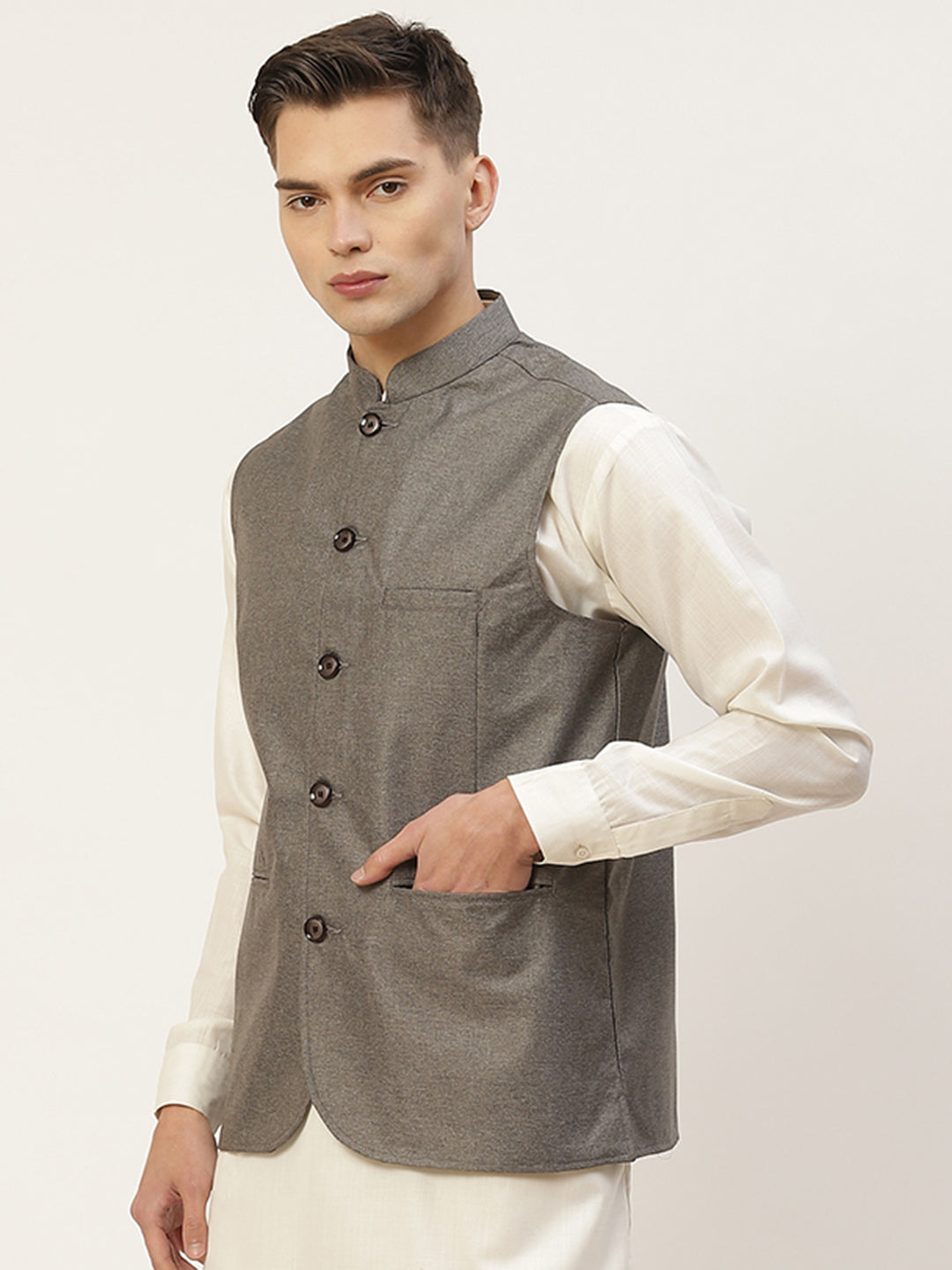 Men's Charcoal Solid Nehru Jacket ( JOWC 4033Charcoal ) - Virat Fashions