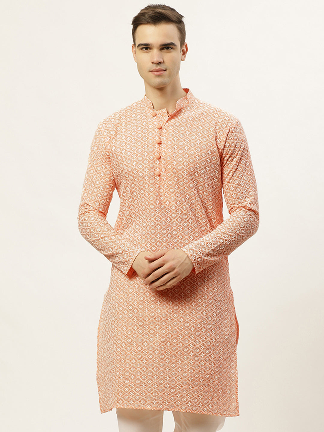 Men's Orange Embroidered Kurta Only ( KO 626 Orange ) - Virat Fashions