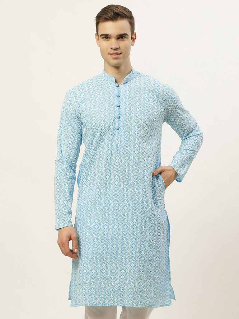 Men's Sky Embroidered Kurta Only ( KO 626 Sky )