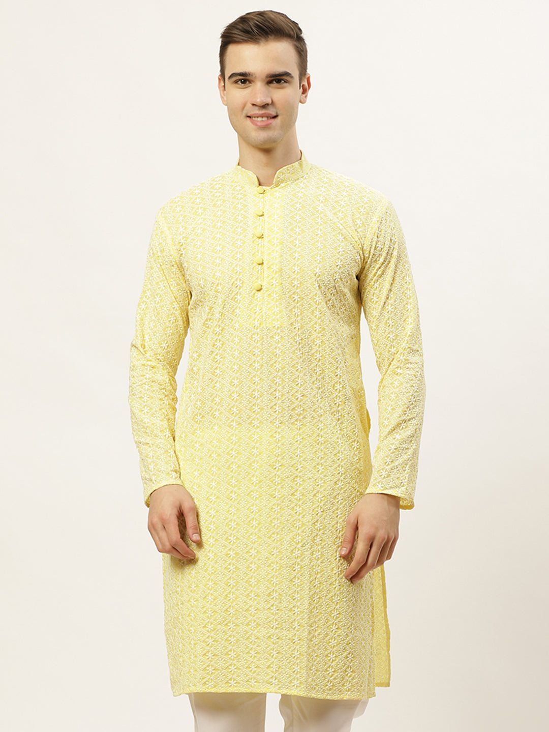 Men's Yellow Embroidered Kurta Only ( KO 626 Yellow )