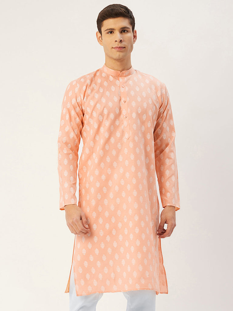 Men's Peach Cotton Floral printed kurta Only( KO 650 Peach )