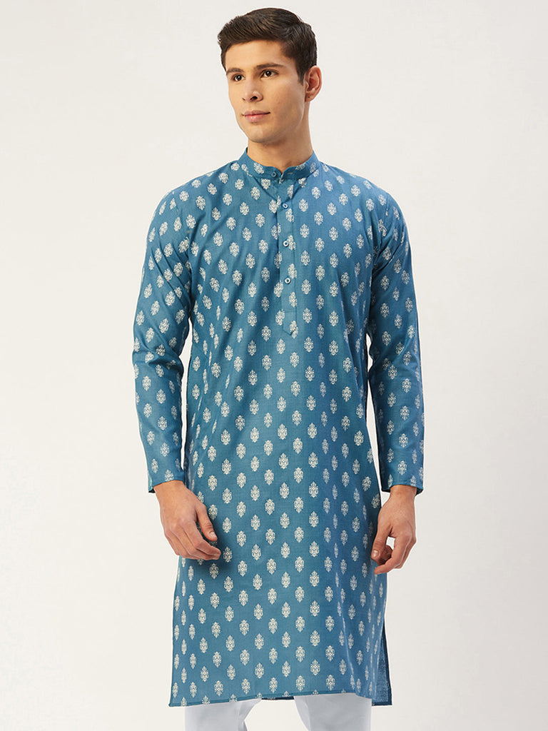 Men's Teal Cotton Floral printed kurta Only( KO 650 Teal )
