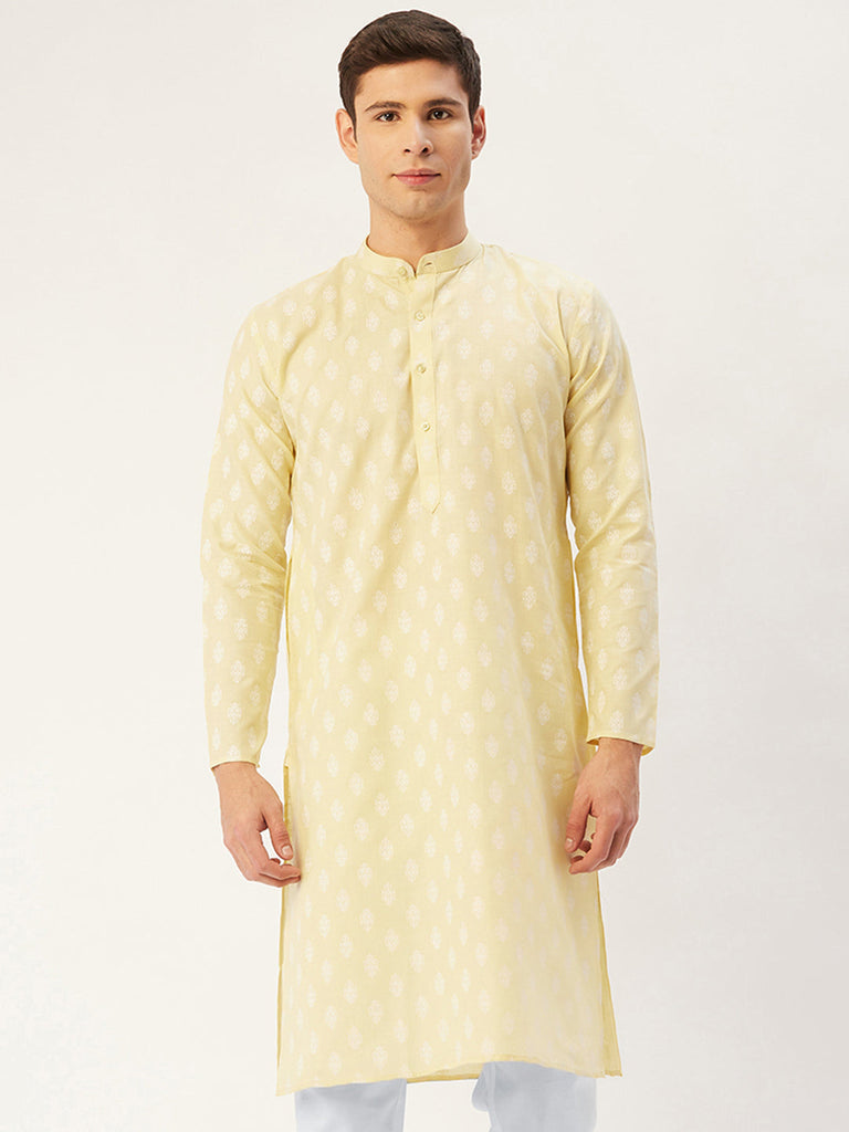 Men's Yellow Cotton Floral printed kurta Only( KO 650 Yellow )
