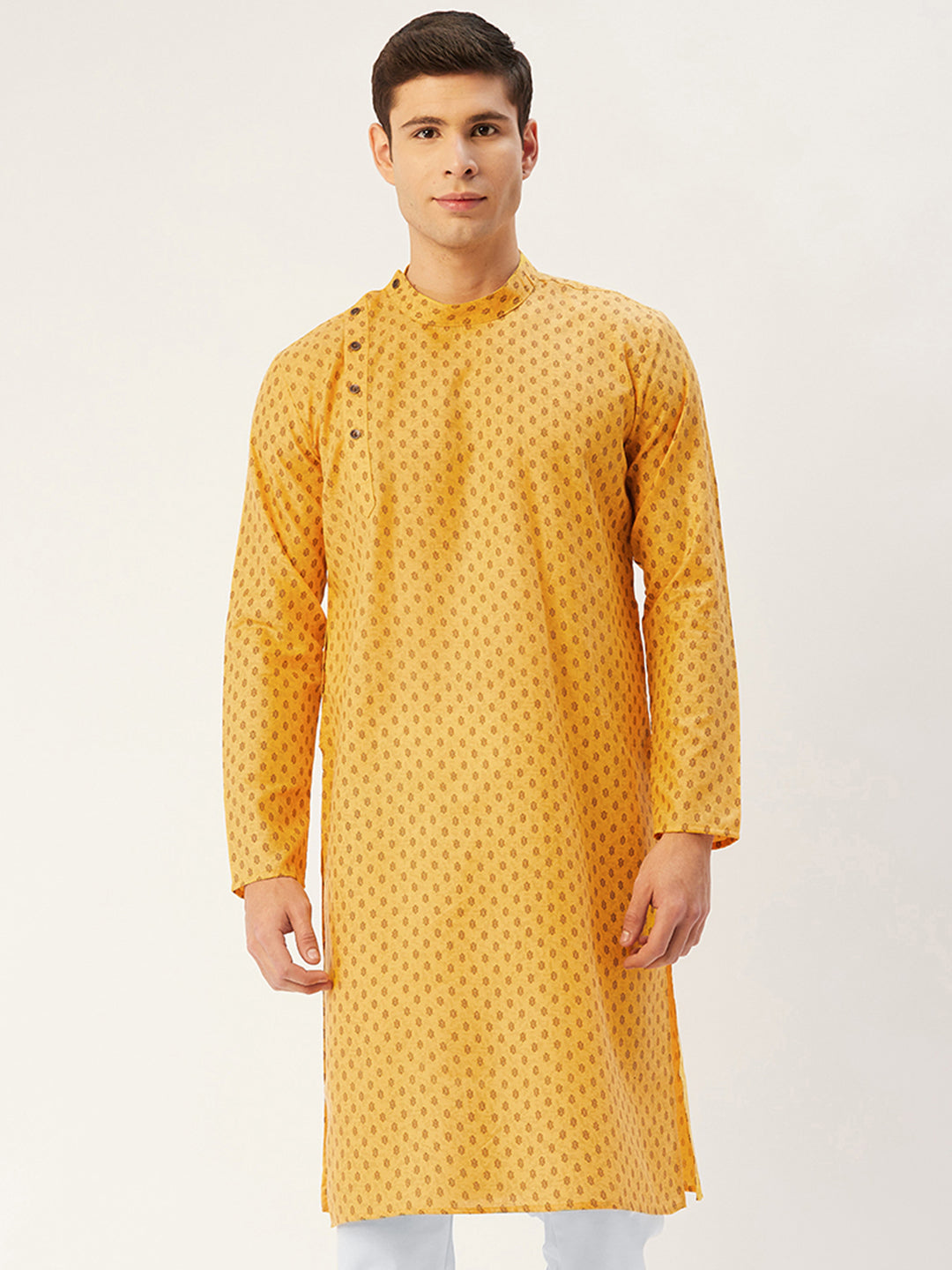 Men's Mustard Cotton printed kurta Only( KO 652 Mustard ) - Virat Fashions