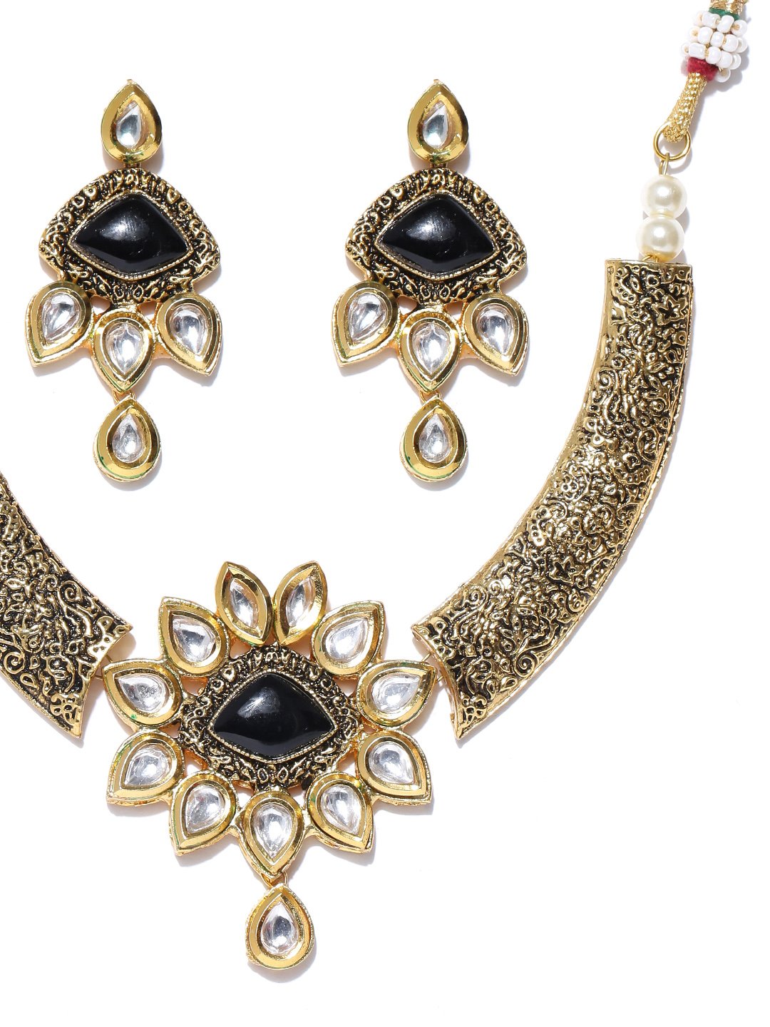 Women's  Black Stones Kundan Pearls Gold Plated Jewellery Set - Priyaasi