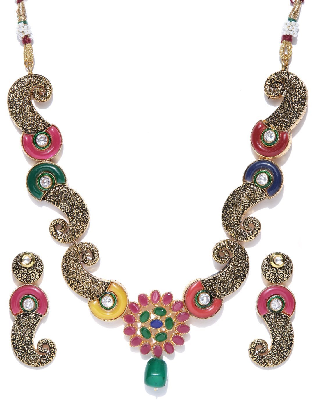 Women's Multi-Color Kundan Ruby Emerald Gold Plated Jewellery Set - Priyaasi