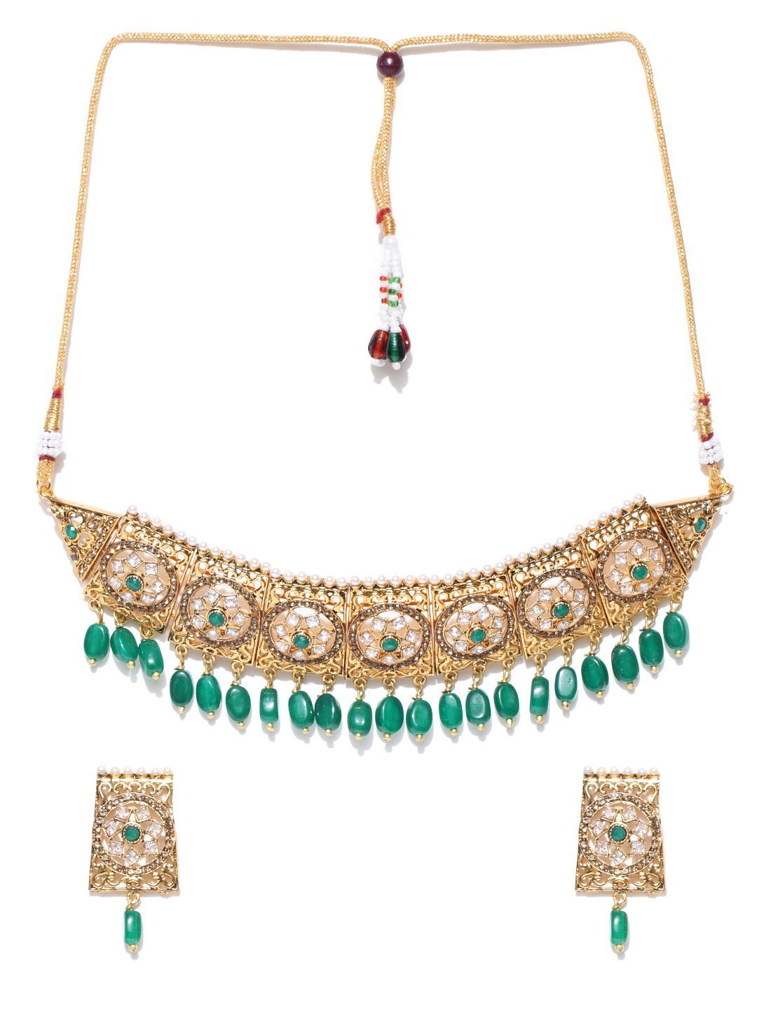 Women's Emerald Beads Stones Gold Plated Choker and Earrings Set- Priyaasi