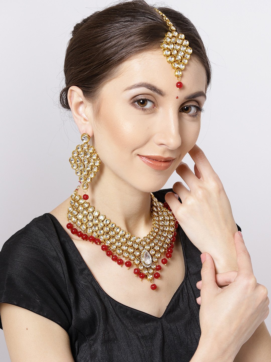 Women's Kundan Ruby Gold Plated MaangTika Jewellery Set - Priyaasi