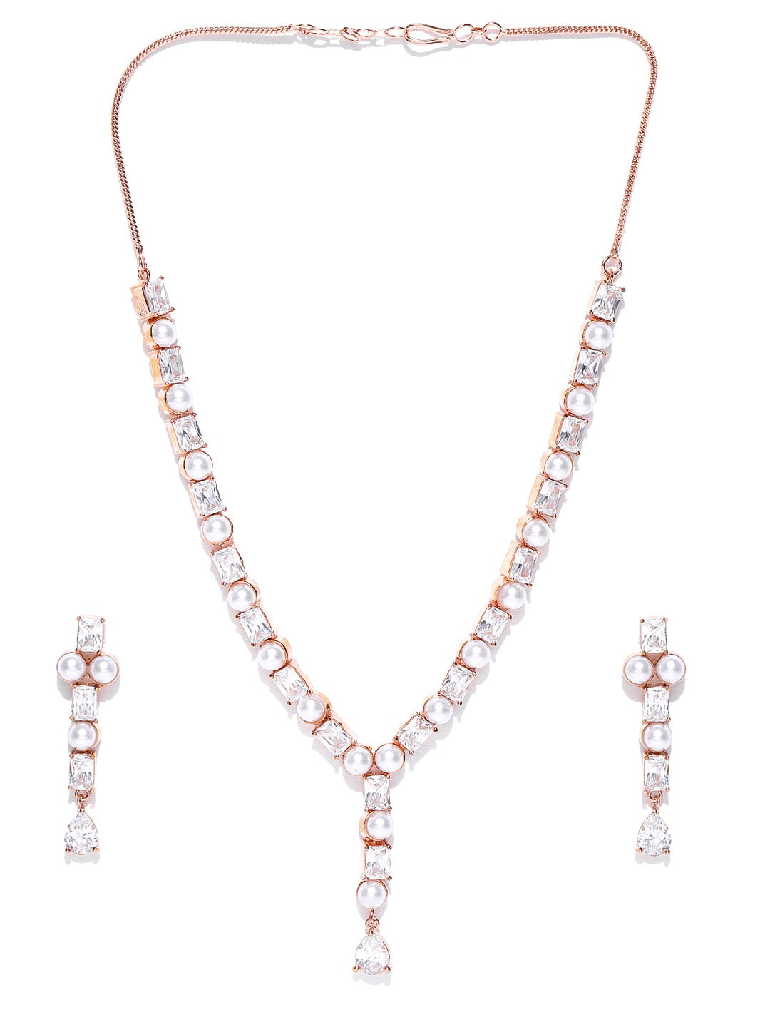 Women's  American Diamond Pearls Rose Gold Plated Jewellery Set - Priyaasi