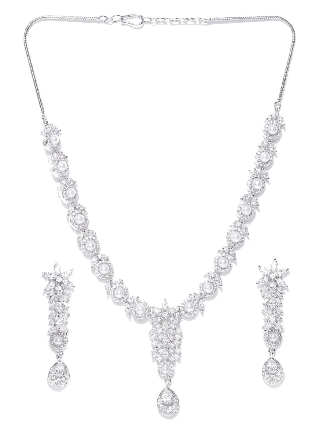 Women's  American Diamond Pearls Silver Plated Jewellery Set - Priyaasi