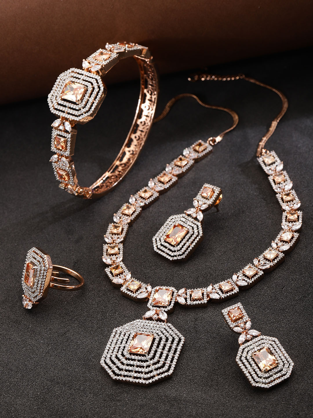 Women's  American Diamond Rose Gold Plated Jewellery Set With Bracelets & Ring - Priyaasi