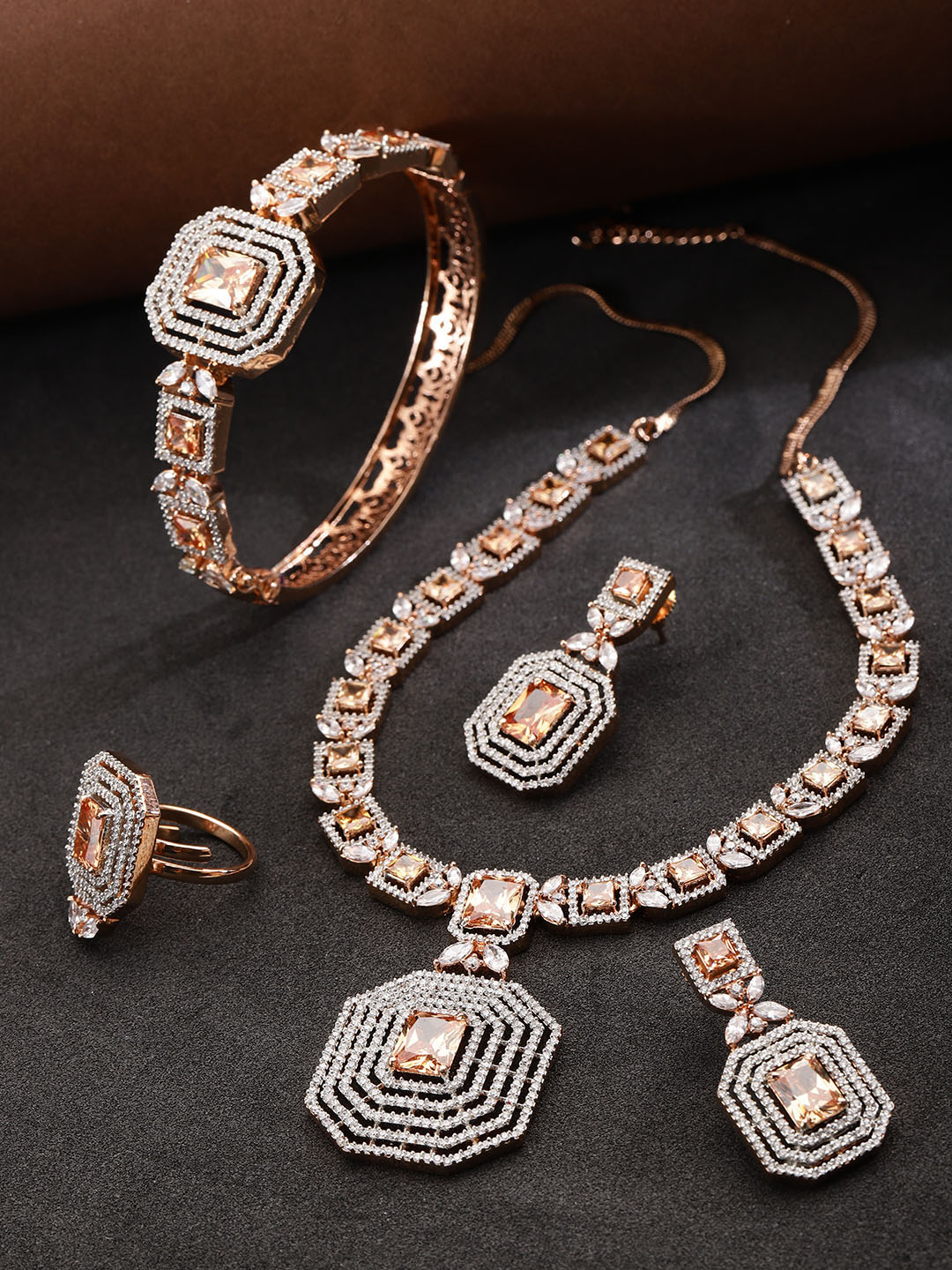 Buy Women's American Diamond Rose Gold Plated Jewellery Set With