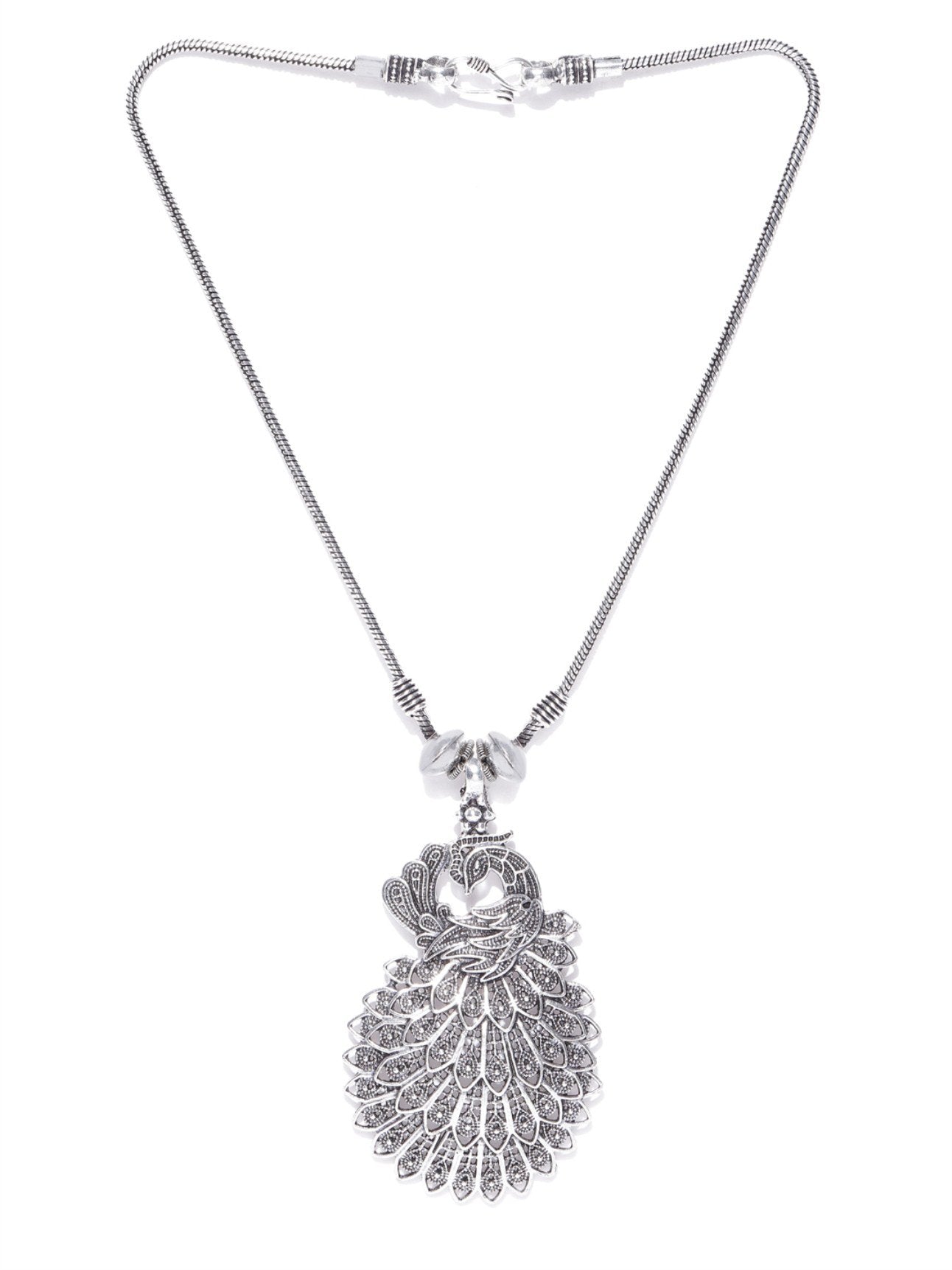 Women's German Silver Oxidised Peacock Pendant - Priyaasi