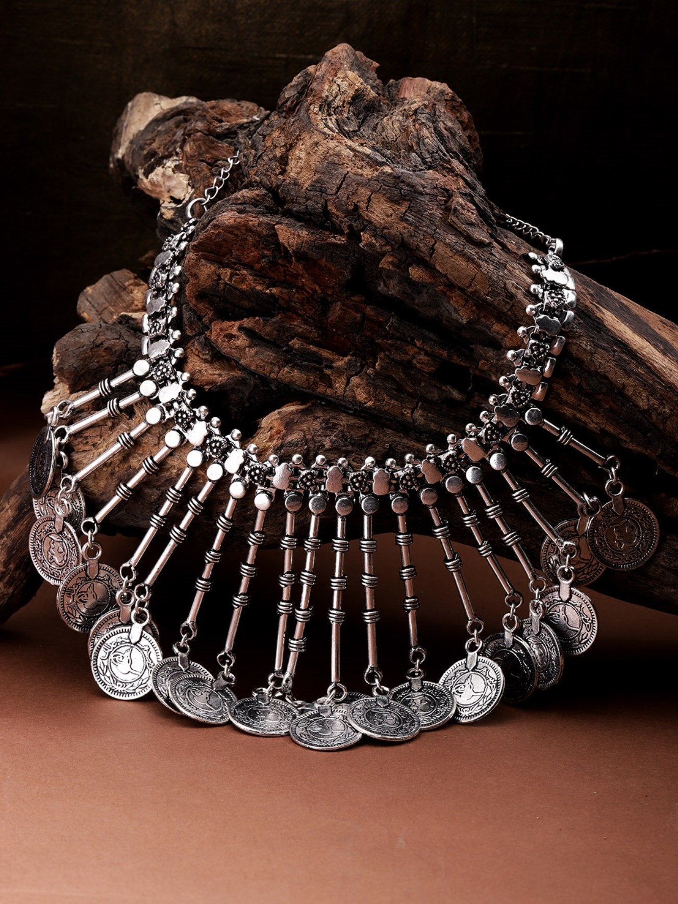 Women's German Silver Oxidised Coin Necklace - Priyaasi