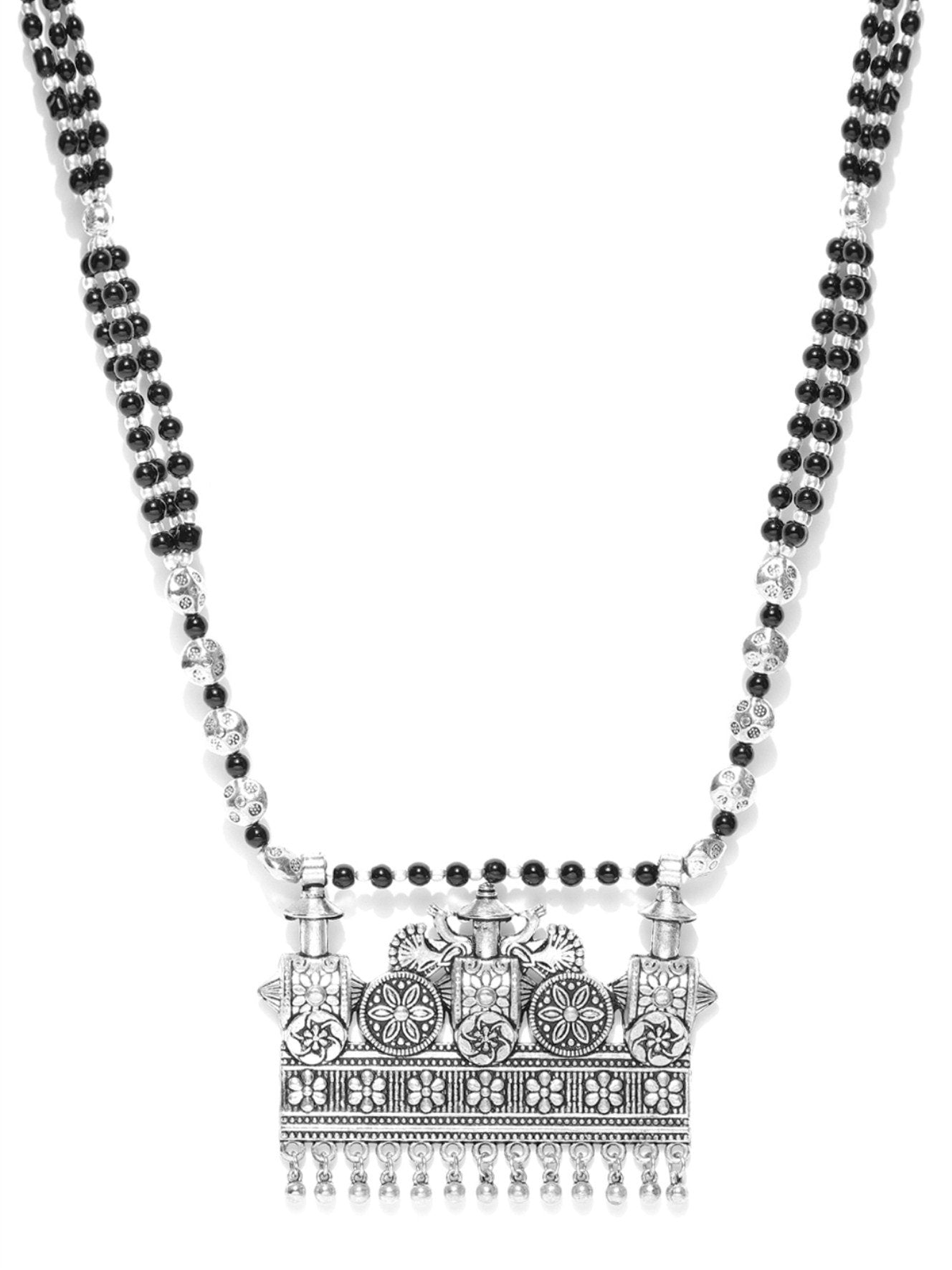 Women's  Black Beads German Silver Oxidised Ghungroo Necklace - Priyaasi