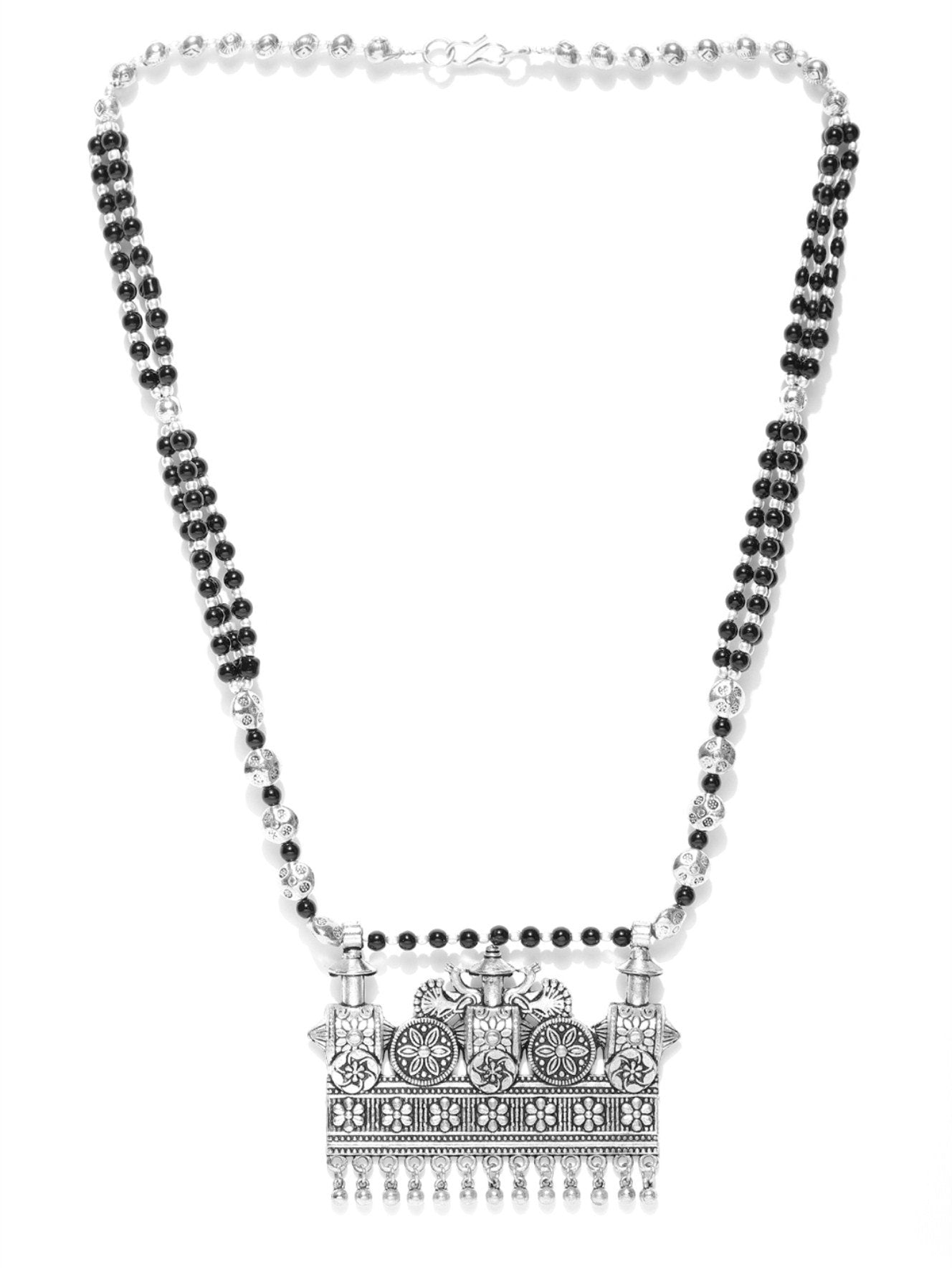 Women's  Black Beads German Silver Oxidised Ghungroo Necklace - Priyaasi