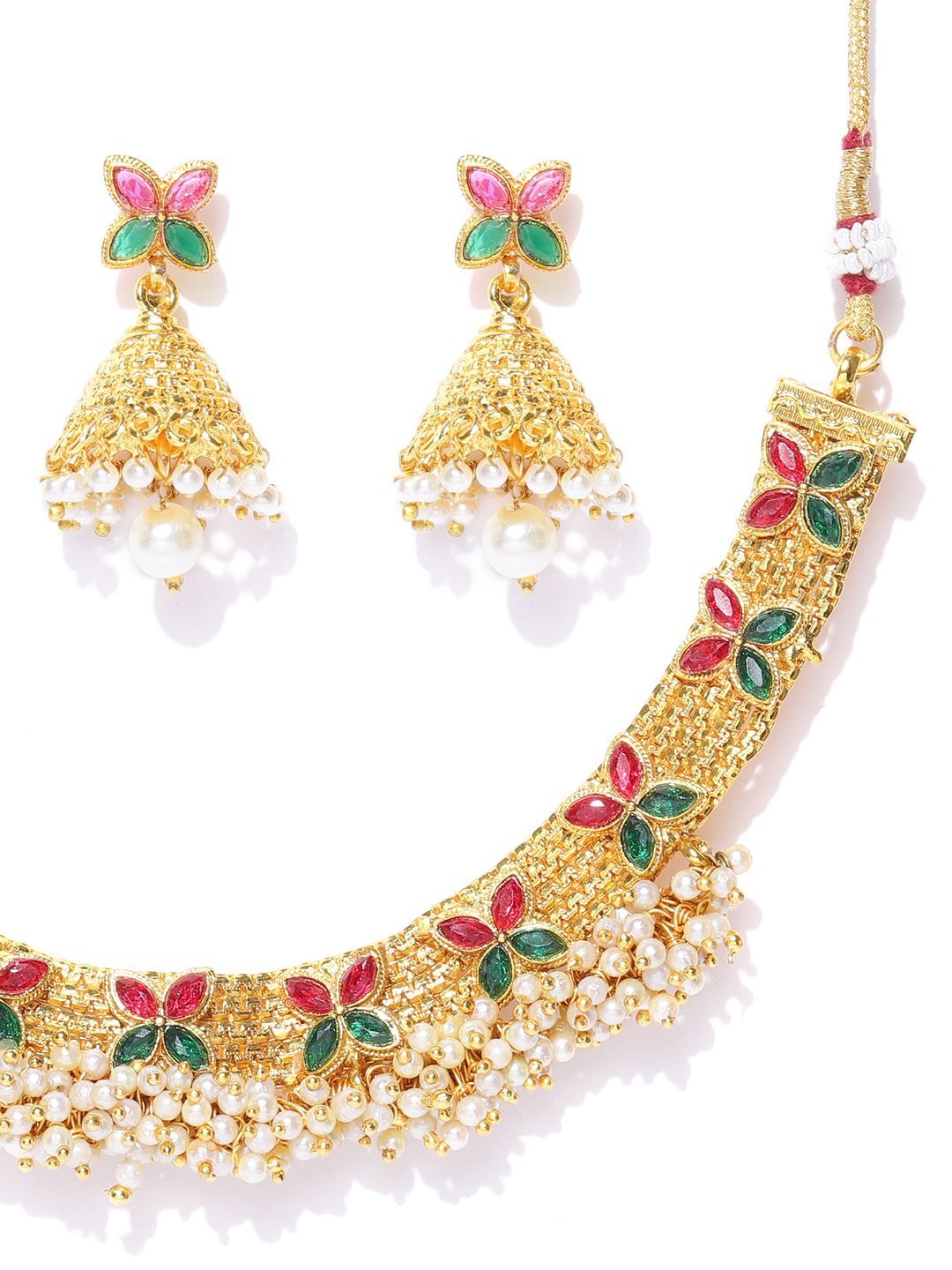 Women's White Beads Ruby Emerlad Gold Plated Jewellery Set - Priyaasi