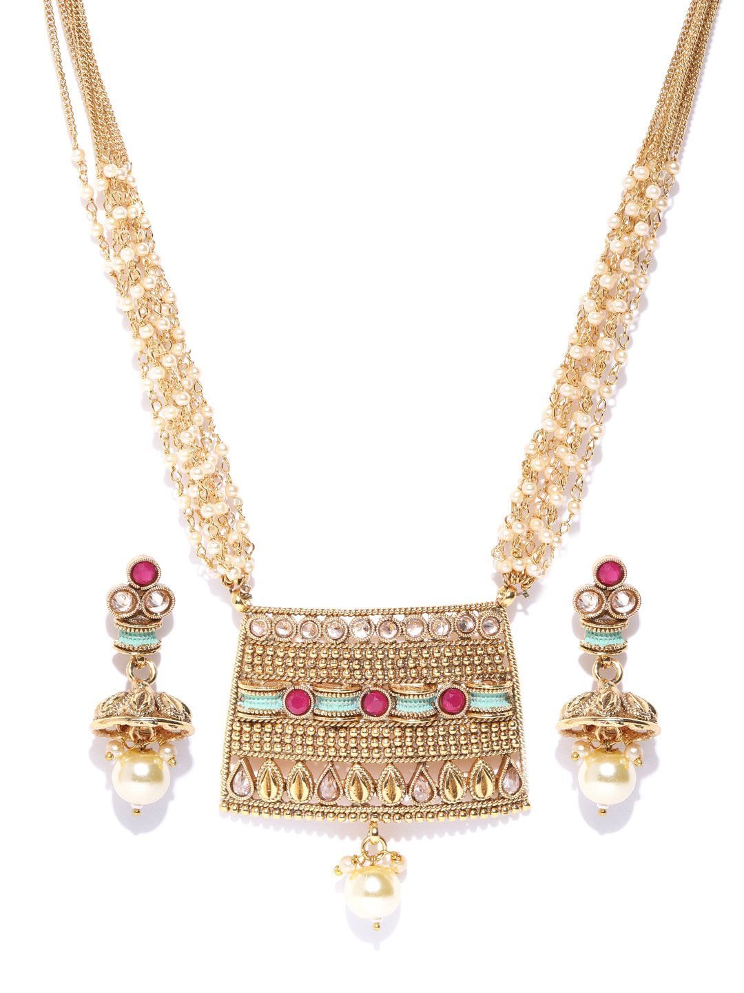 Women's White Beads Kundan Ruby Gold Plated Multistrand Jewellery Set - Priyaasi