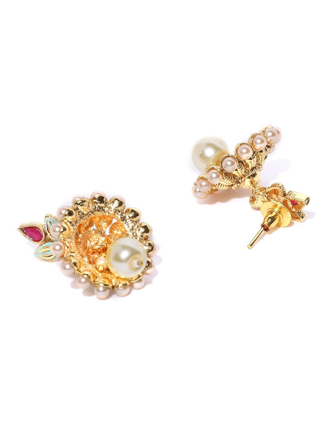 Women's White Beads Kundan Ruby Gold Plated Multistrand Jewellery Set - Priyaasi