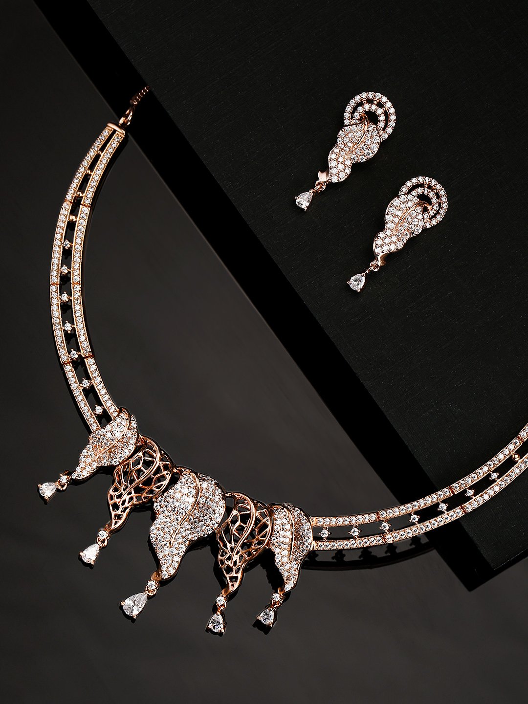 Women's  American Diamond Rose Gold Plated Leaf Jewellery Set - Priyaasi