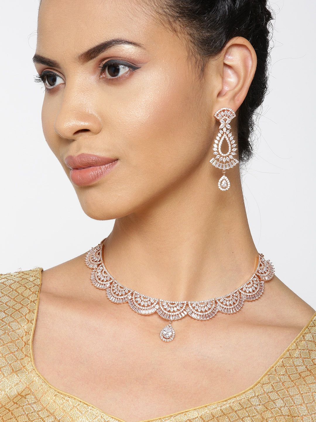 Women's  Dazzling Diva-American Diamond Rose Gold Plated Jewellery Set - Priyaasi