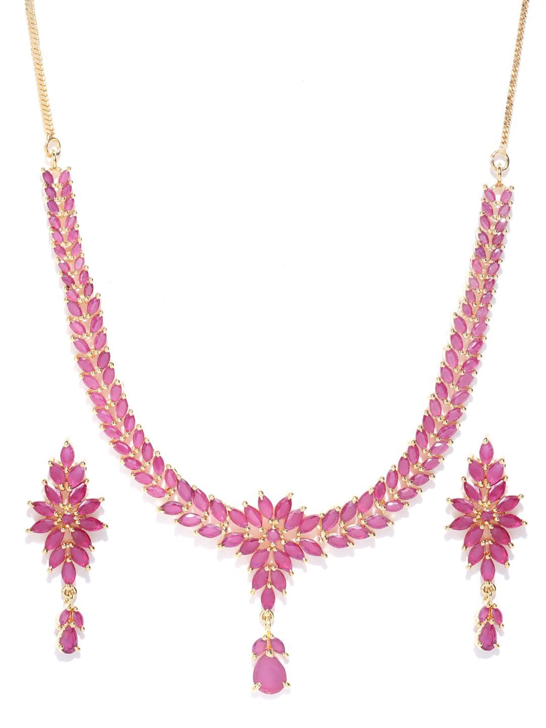 Women's Pink Ruby Gold Plated Floral Jewellery Set - Priyaasi