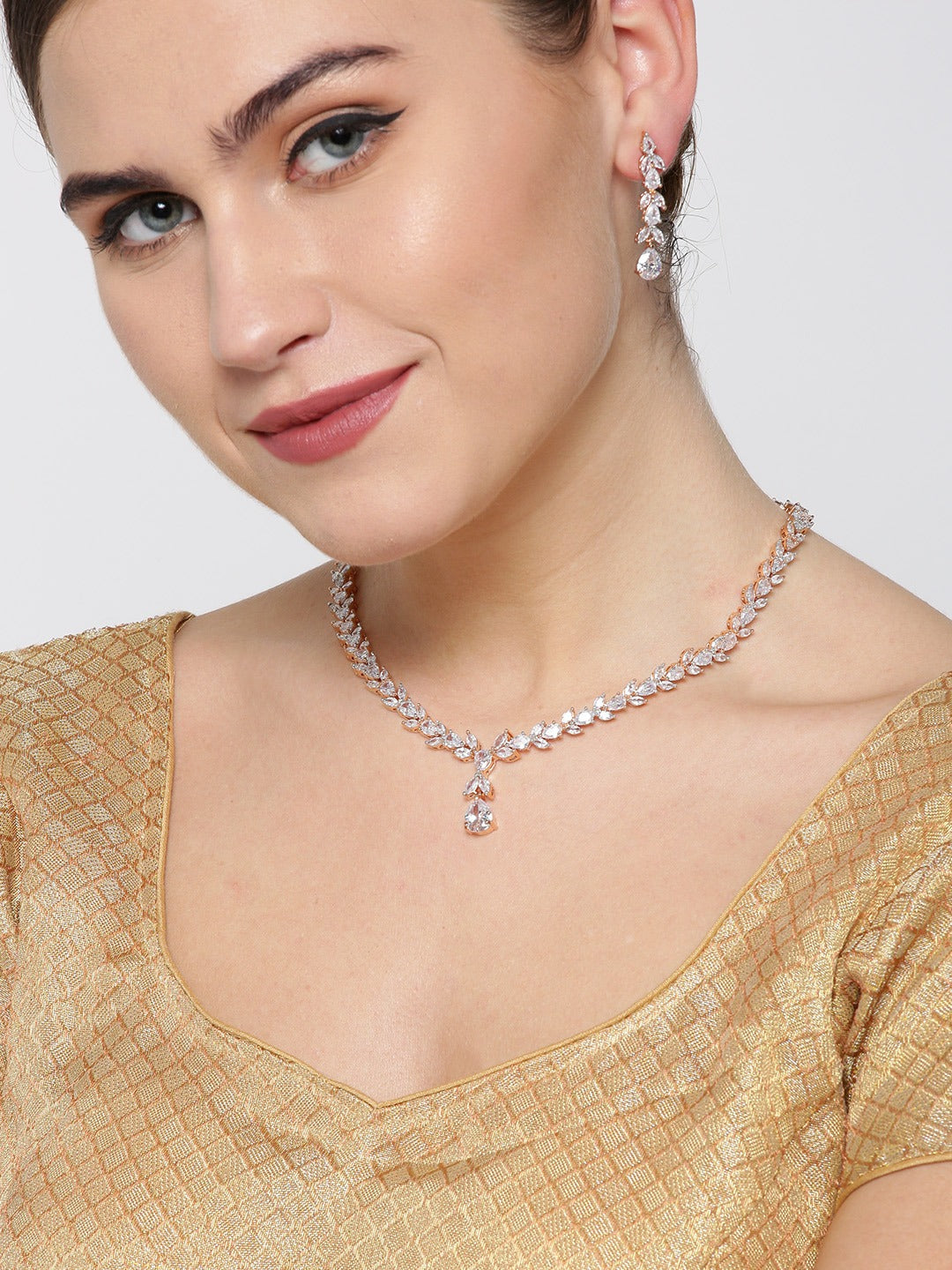 Women's  Lustrous - American Diamond Rose Gold Plated Jewellery Set - Priyaasi