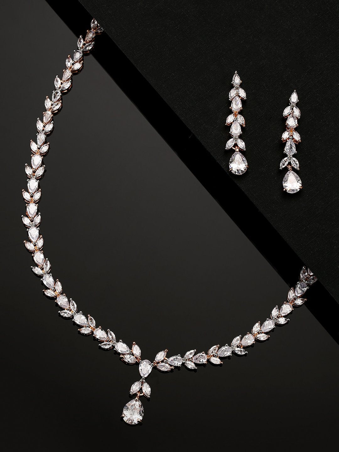 Women's  Lustrous - American Diamond Rose Gold Plated Jewellery Set - Priyaasi