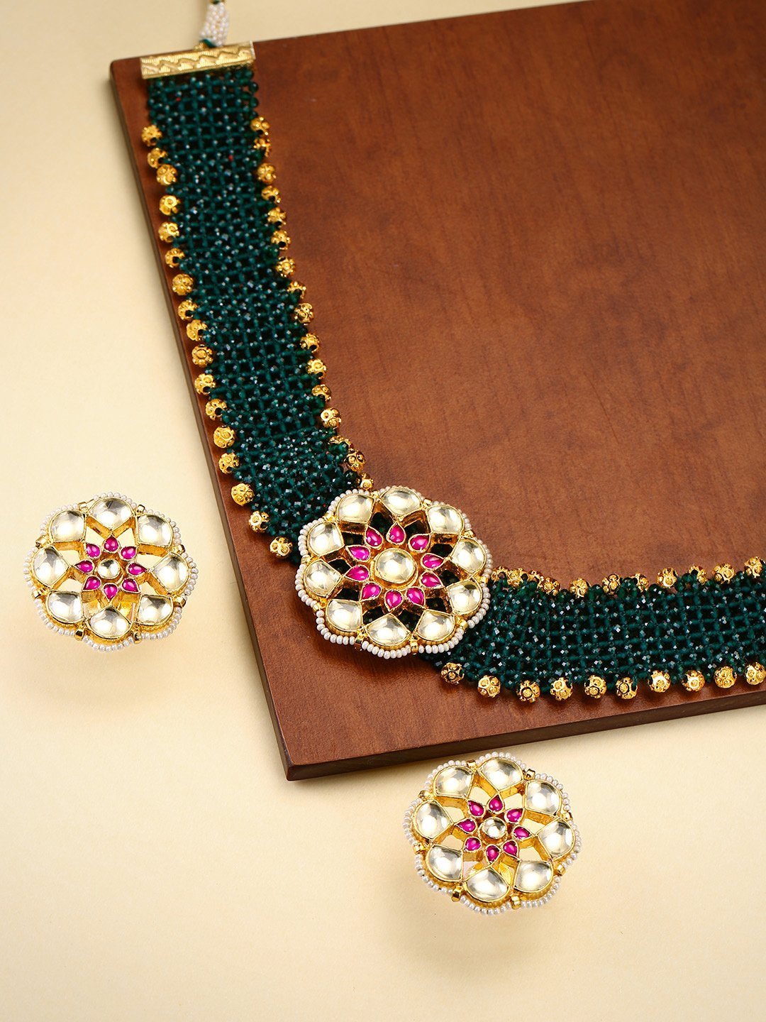 Women's Green Beads Kundan Ruby Gold Plated Choker - Priyaasi