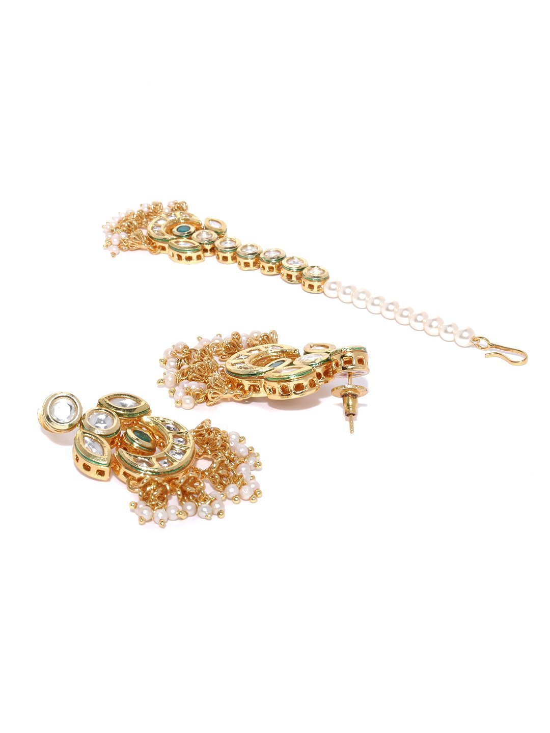 Women's Kundan Emerald Beads Gold Plated MaangTika Jewellery Set - Priyaasi