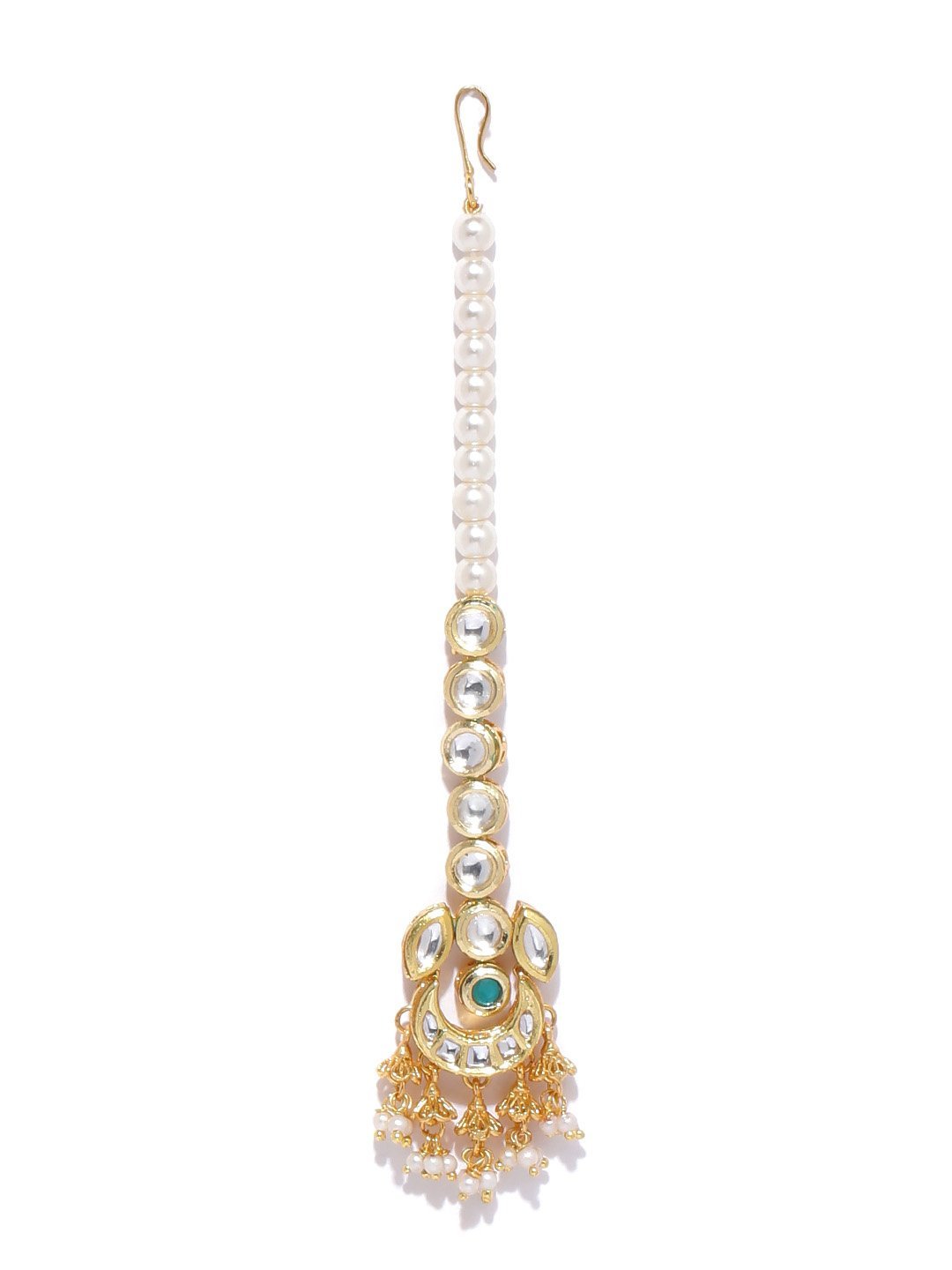 Women's Kundan Emerald Beads Gold Plated MaangTika Jewellery Set - Priyaasi