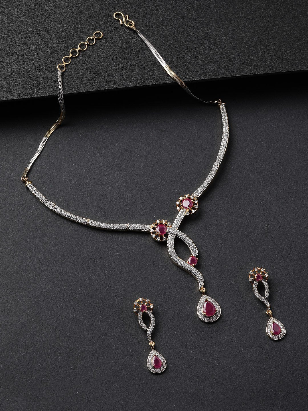 Women's Pink Ruby American Diamond Gold Plated Jewellery Set - Priyaasi