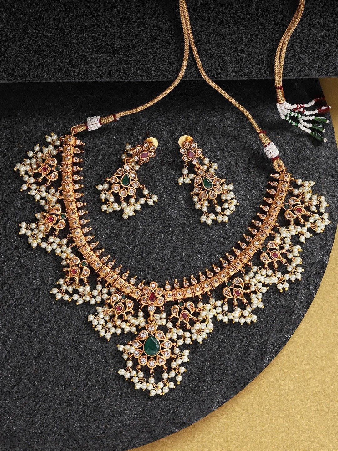 Women's Ruby Emerald Kundan Beads Gold Plated Jewellery Set - Priyaasi