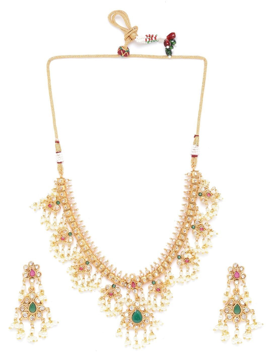 Women's Ruby Emerald Kundan Beads Gold Plated Jewellery Set - Priyaasi