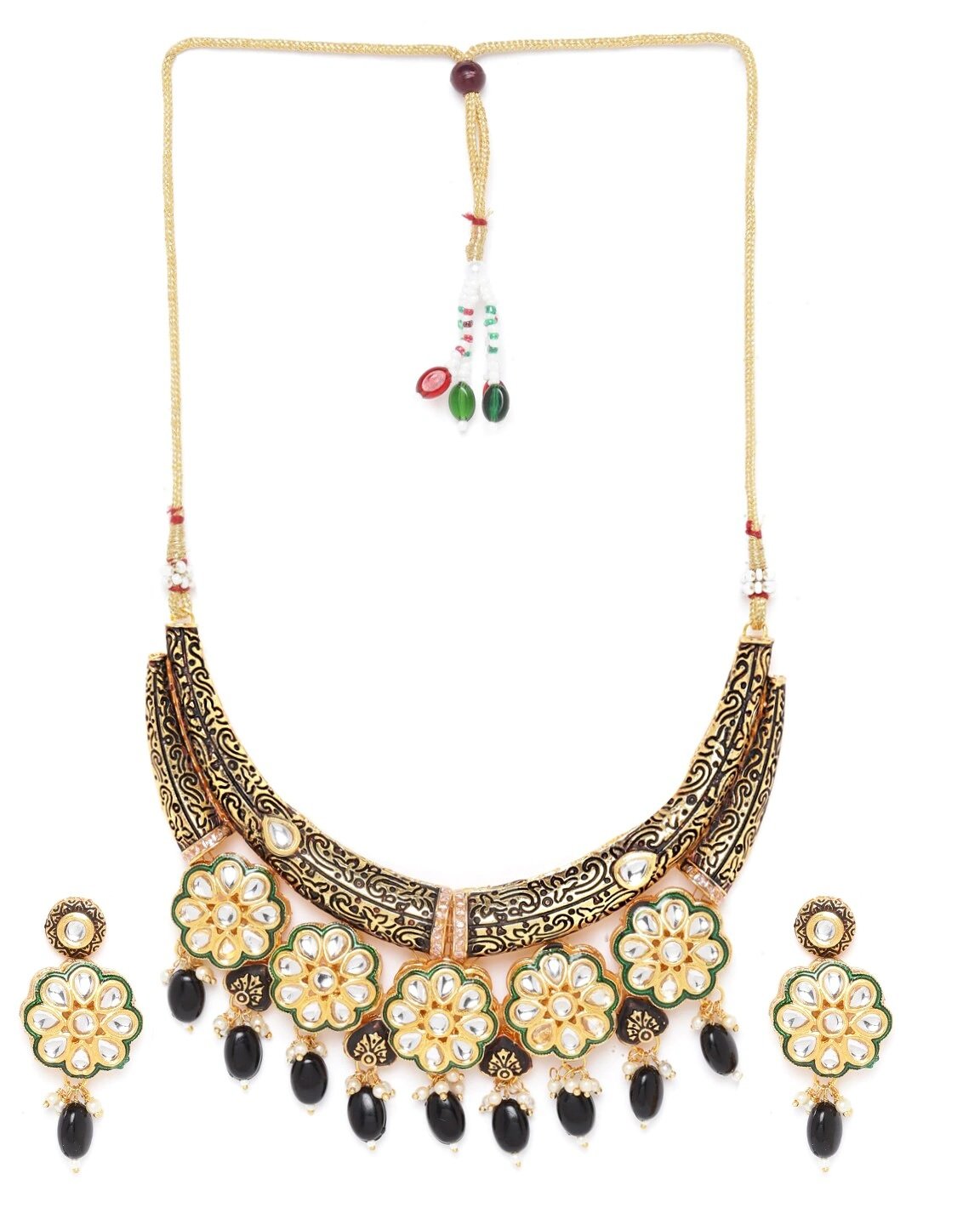 Women's  Black Beaded Kundan Gold Plated Floral Jewellery Set - Priyaasi