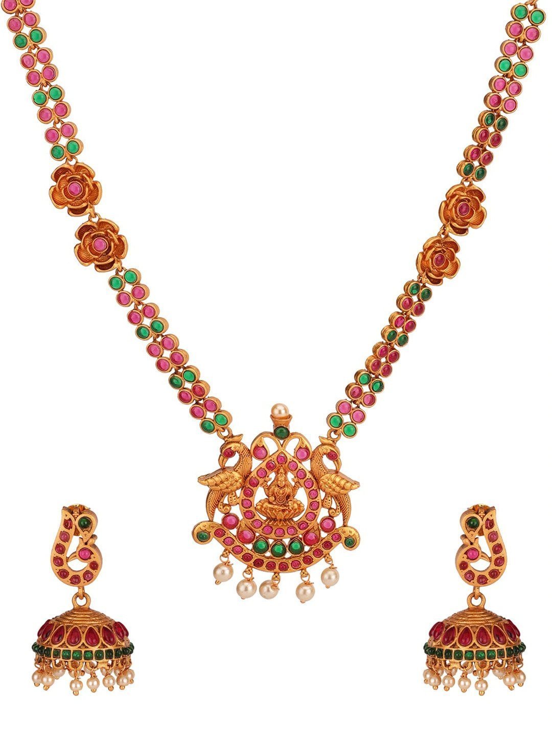 Women's Ruby Emerald Pearls Gold Plated Floral Temple Jewellery Set - Priyaasi