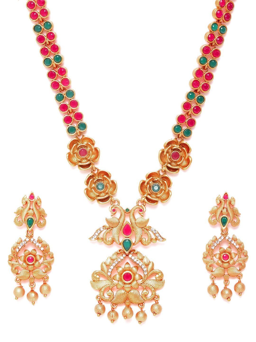 Women's Ruby Emerald Beads Gold Plated Floral Peacock Jewellery Set - Priyaasi
