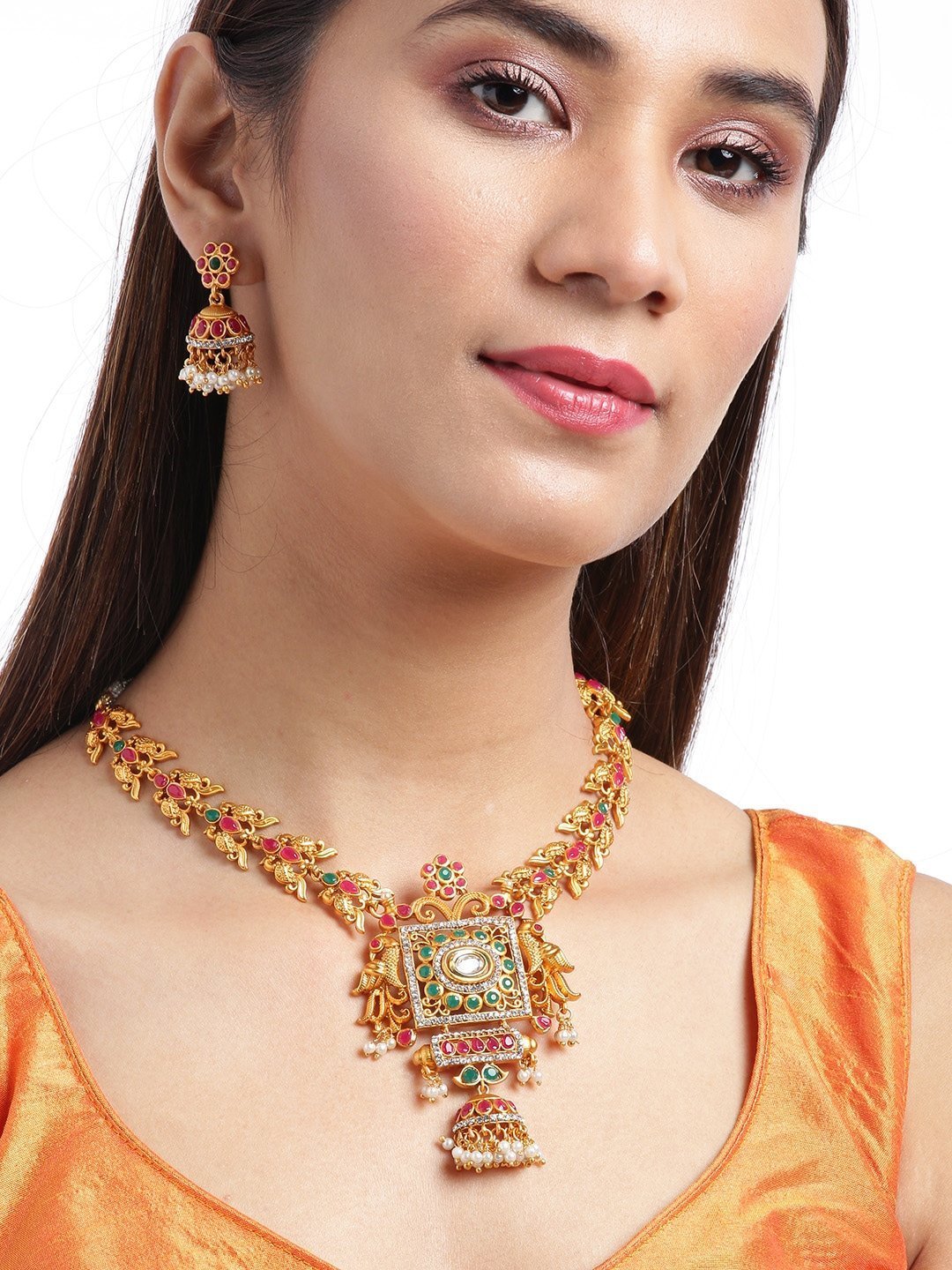 Women's Ruby Emerald Beads Stones Gold Plated Peacock Jewellery Set - Priyaasi
