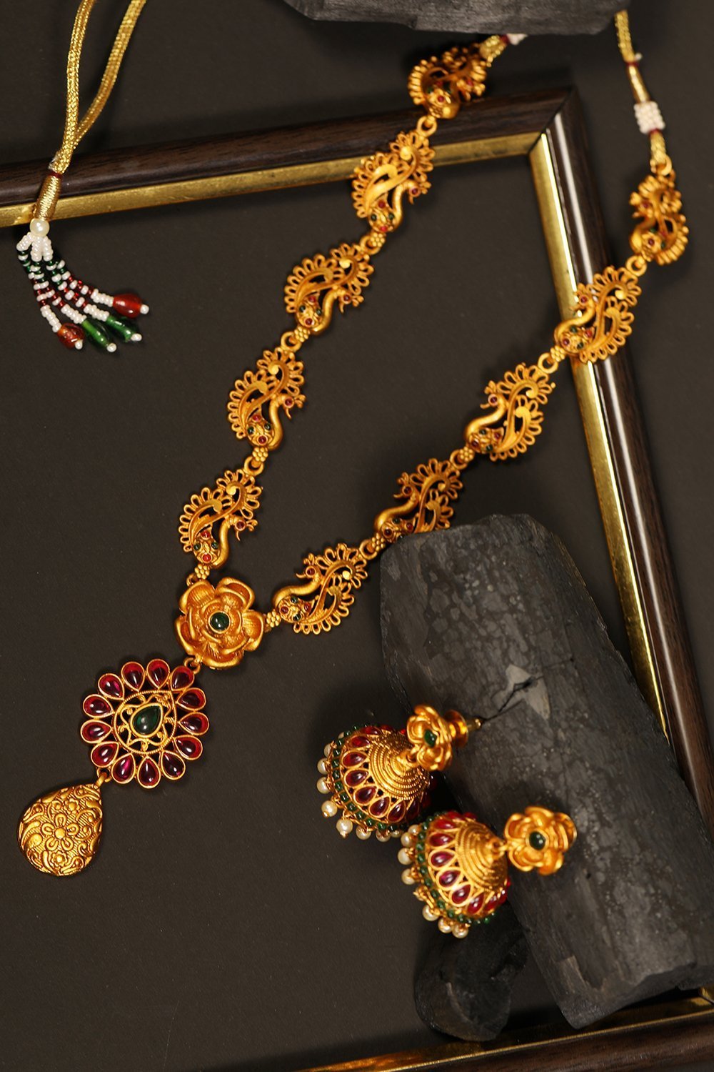 Women's Ruby Emerald Beads Gold Plated Peacock Floral Jewellery Set - Priyaasi