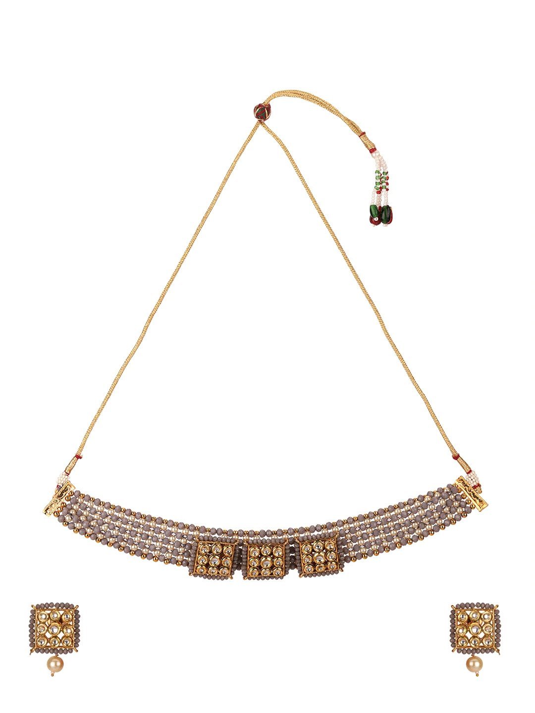 Women's Grey Beads Kundan Pearls Gold Plated Jewellery Set - Priyaasi