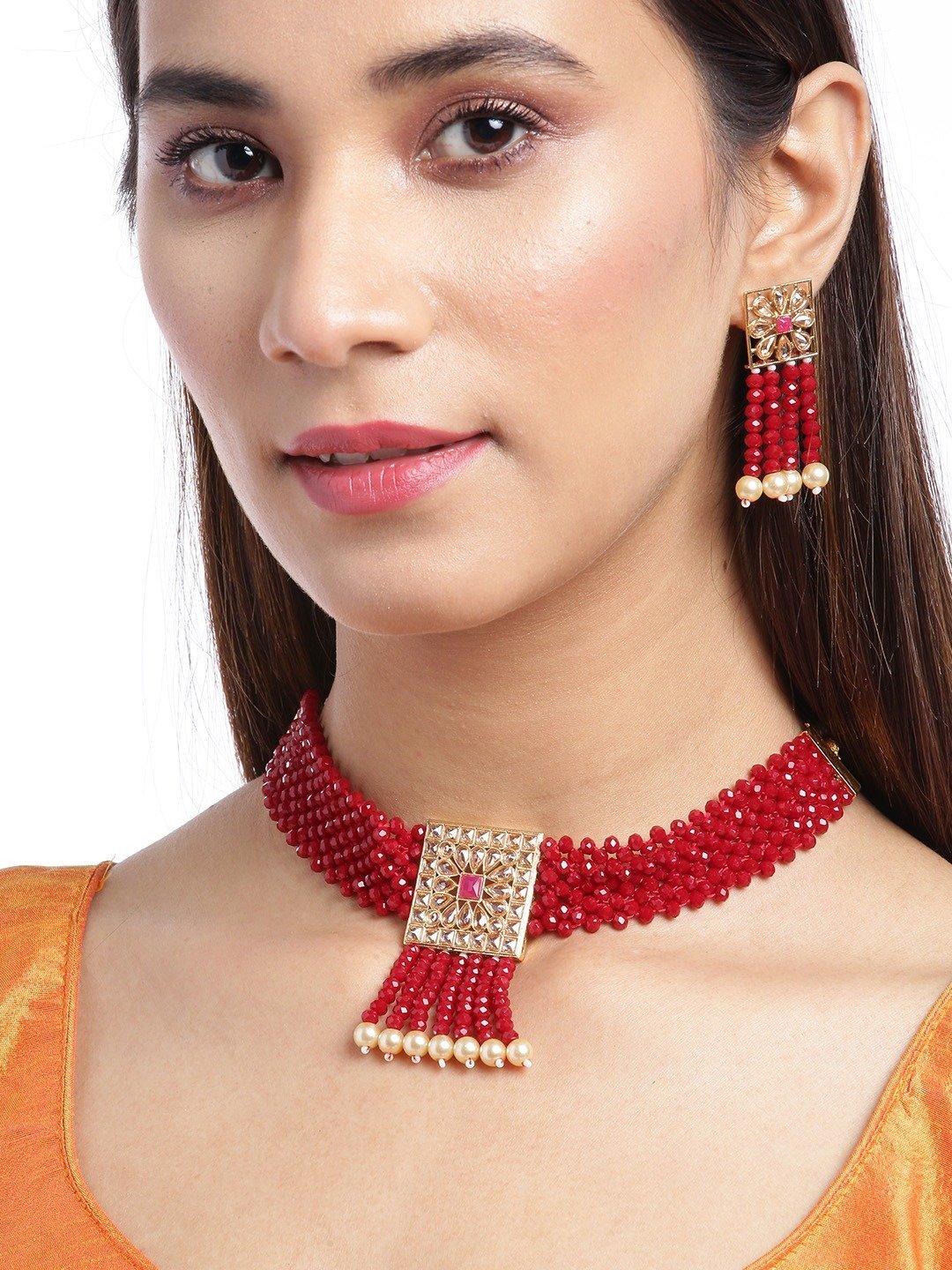 Women's Red Beads Pearls Kundan Gold Plated Choker - Priyaasi