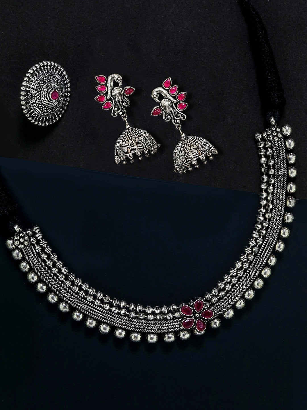 Women's Ruby German Silver Oxidised Peacock Jewellery Set & Ring - Priyaasi