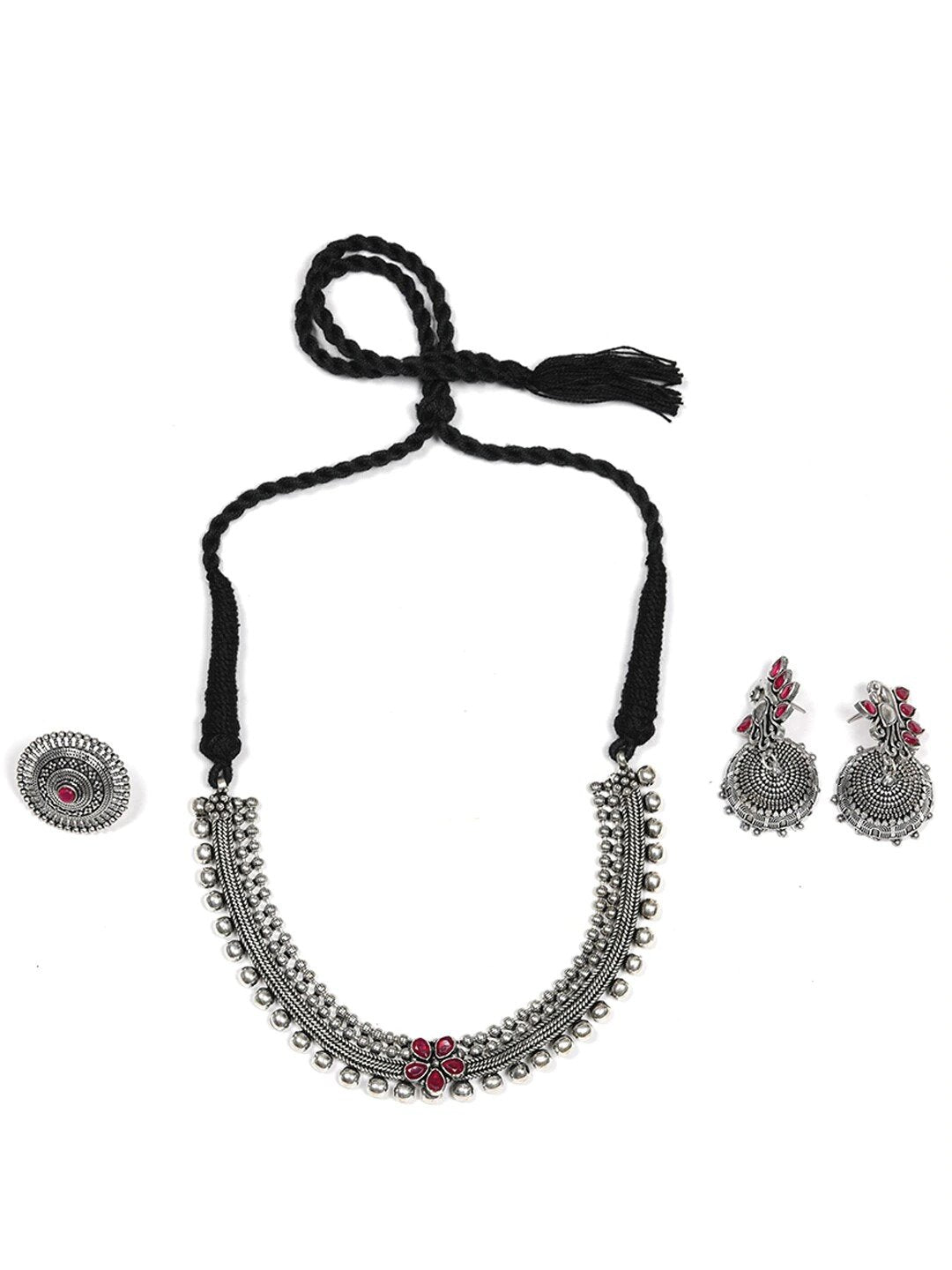 Women's Ruby German Silver Oxidised Peacock Jewellery Set & Ring - Priyaasi