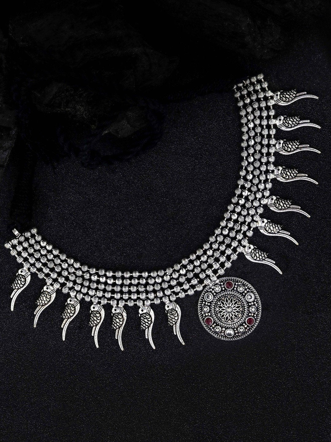 Women's Ruby German Silver Oxidised Jewellery Set - Priyaasi