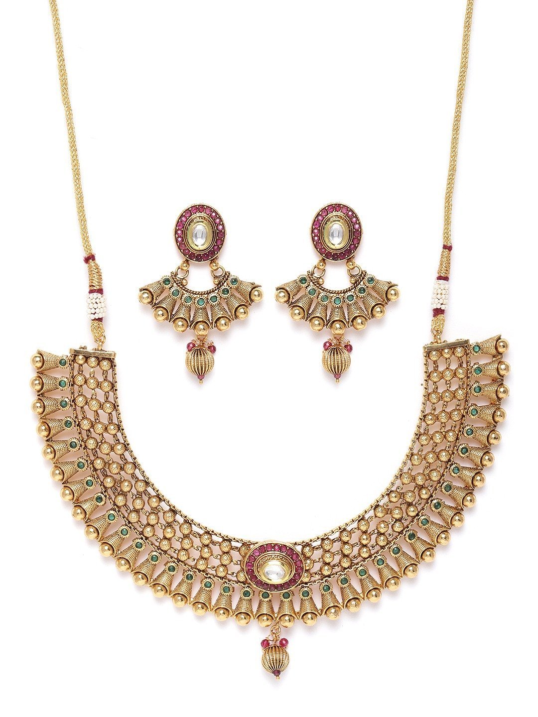 Women's Kundan Ruby Emerald Beads Gold Plated Jewellery Set - Priyaasi