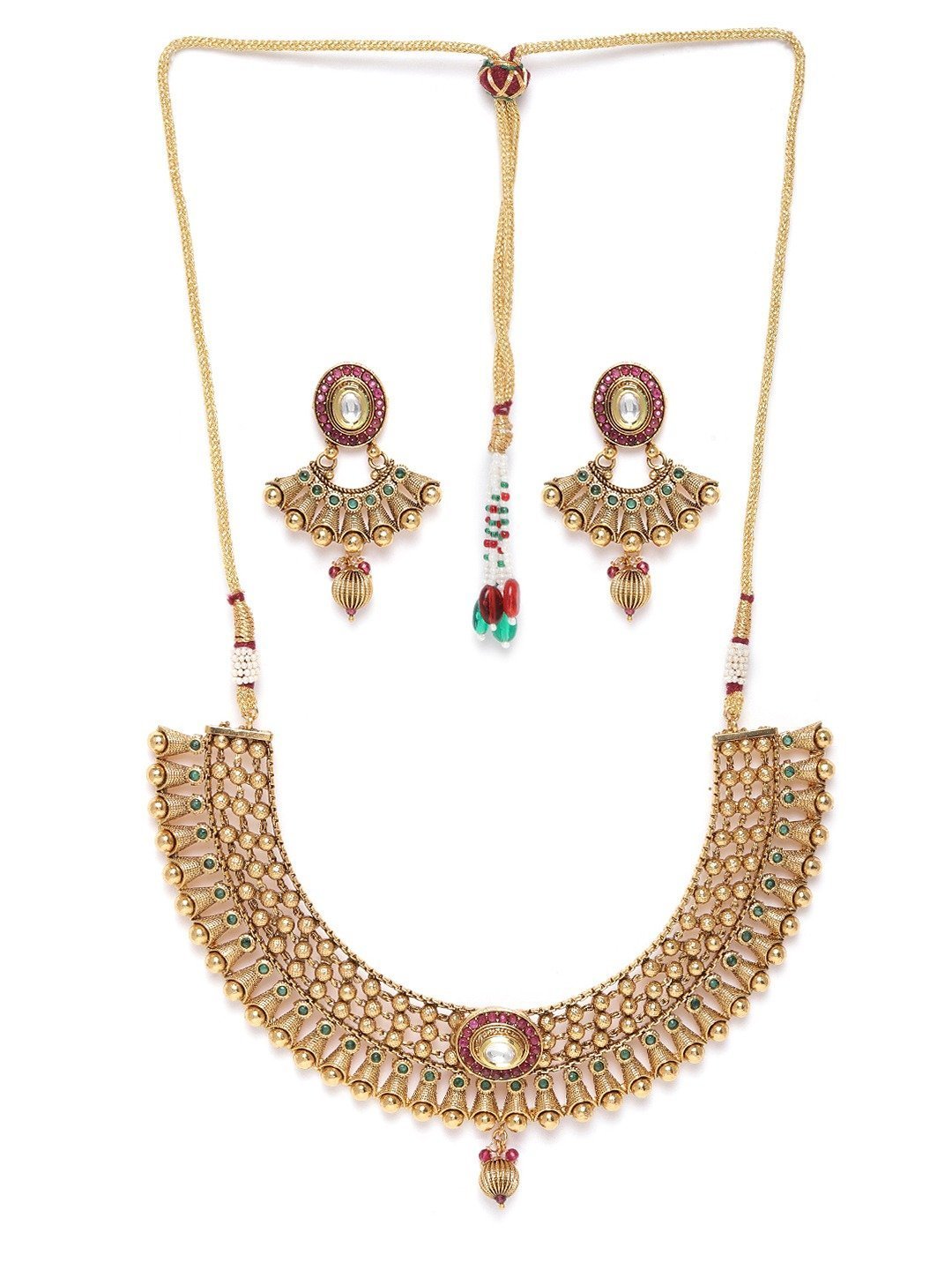 Women's Kundan Ruby Emerald Beads Gold Plated Jewellery Set - Priyaasi