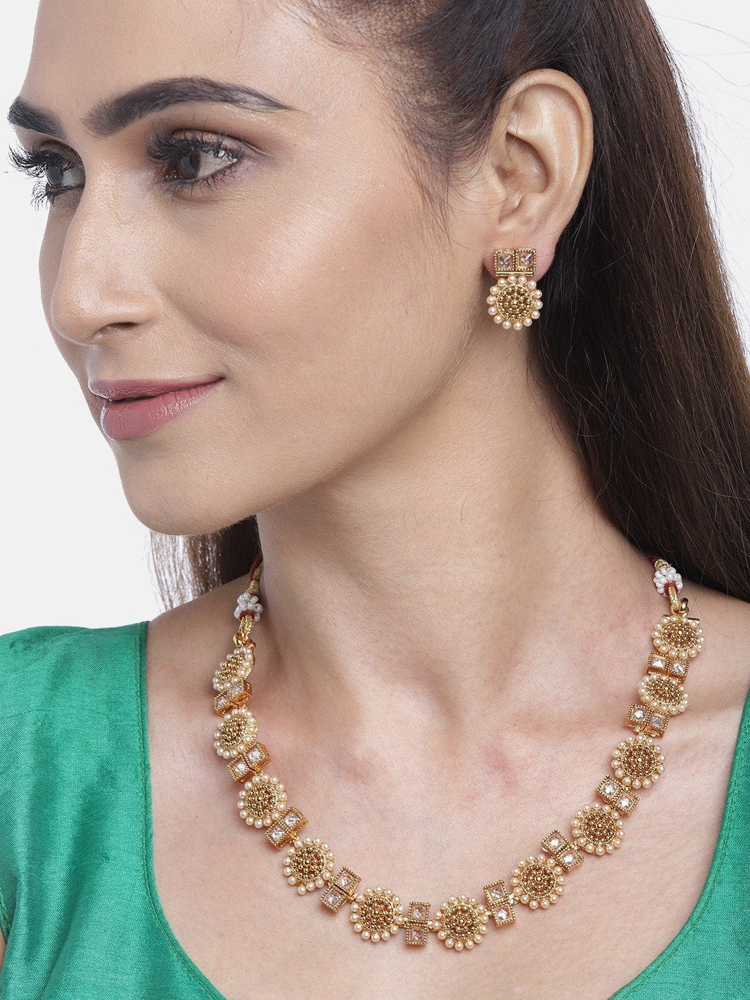 Women's Stones Beads Gold Plated Floral Jewellery Set - Priyaasi