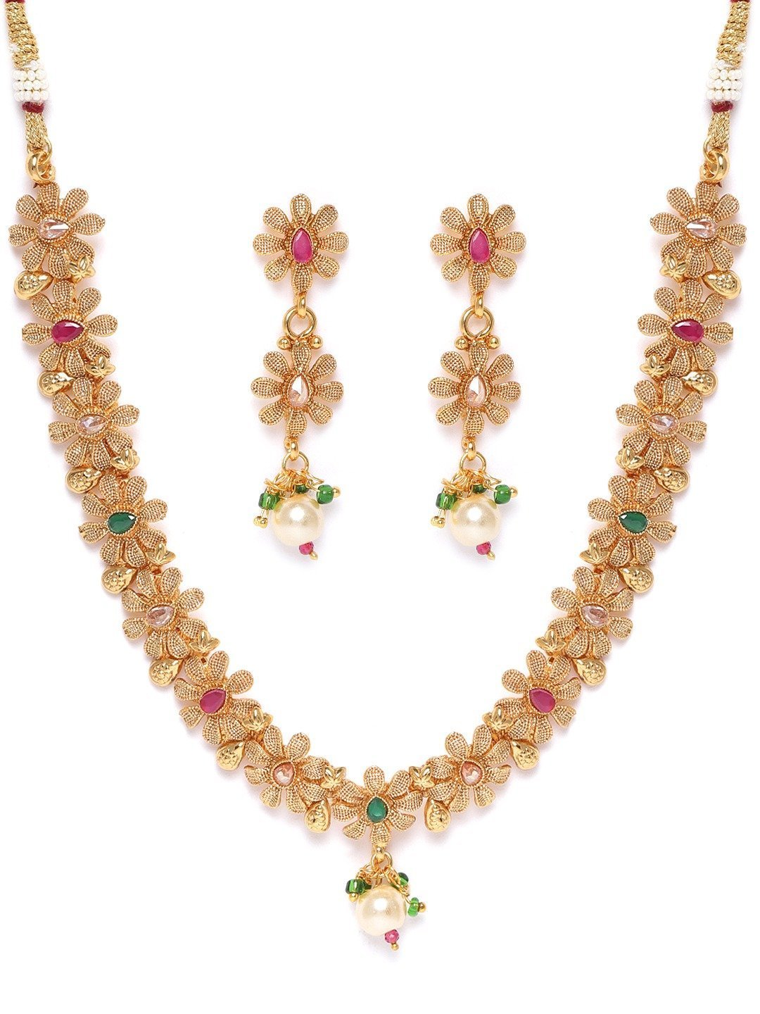 Women's Ruby Emerald Stones Pearls Gold Plated Floral Jewellery Set - Priyaasi