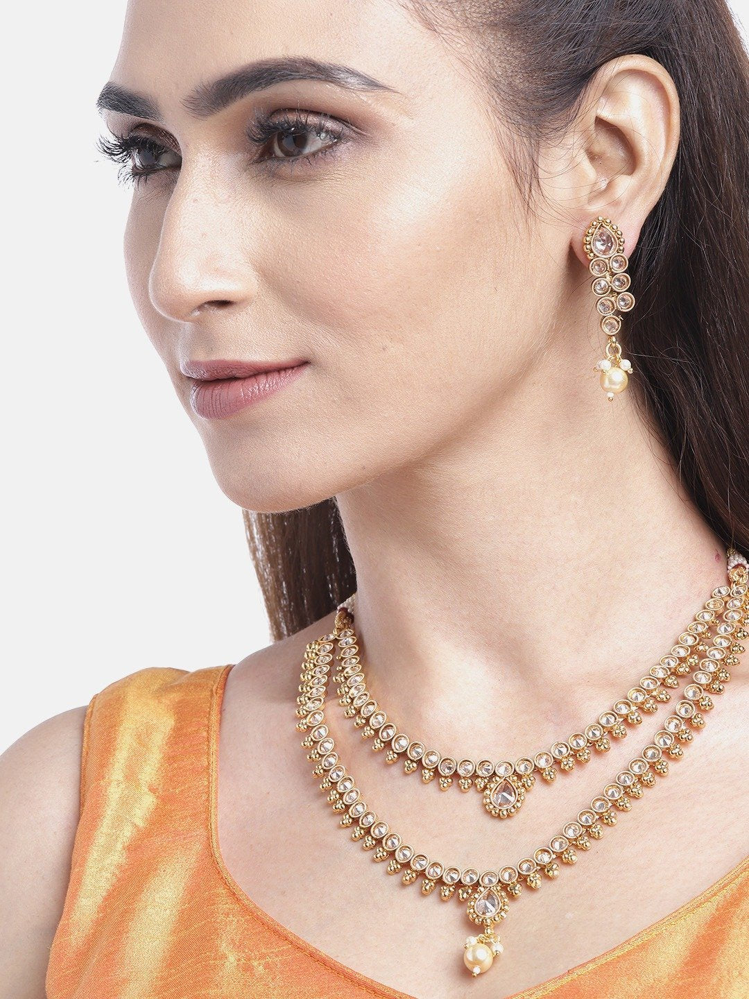 Women's Kundan Pearls Beads Gold Plated Layered Jewellery Set - Priyaasi