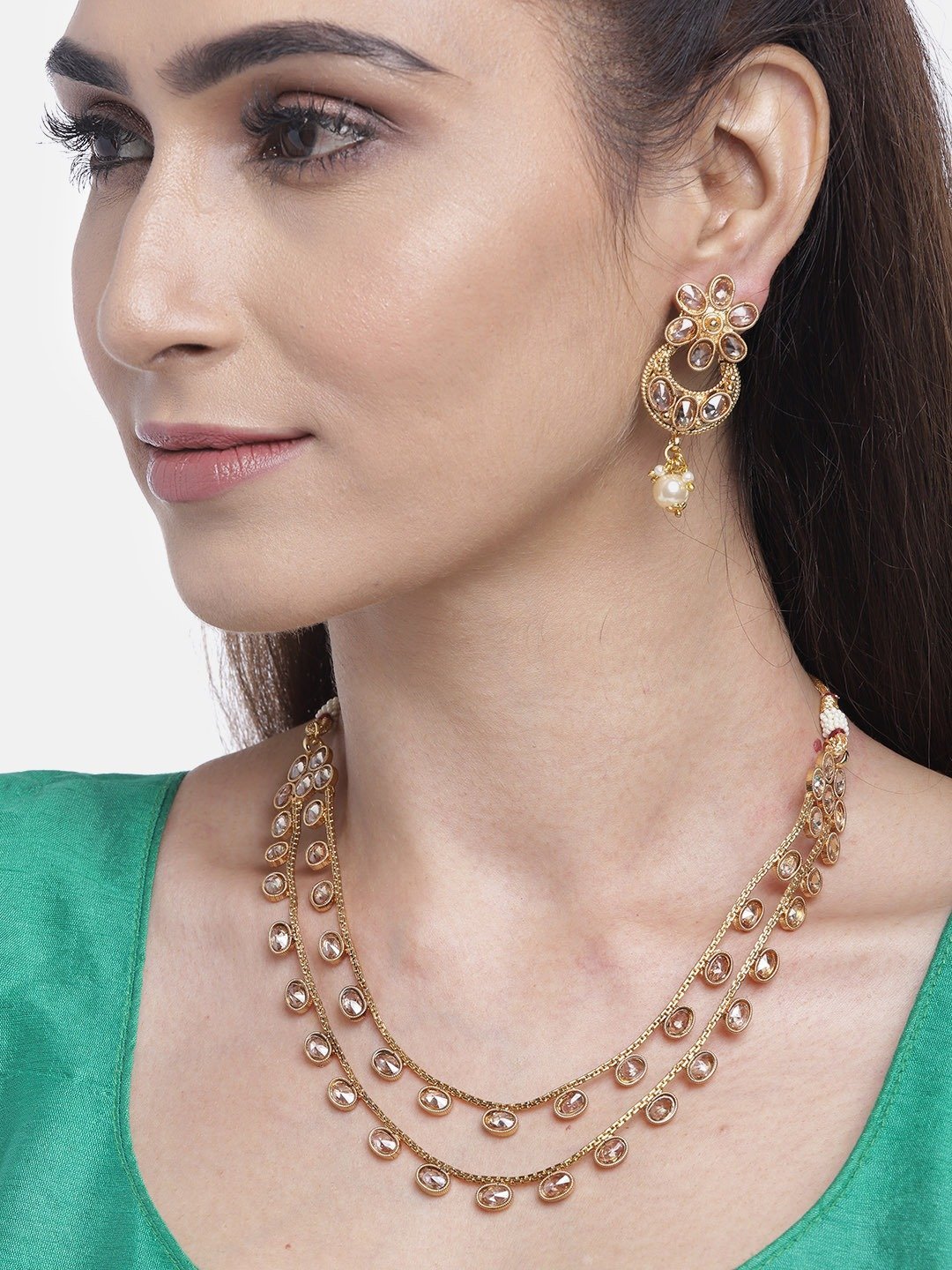 Women's Kundan Pearls Gold Plated Layered Jewellery Set - Priyaasi